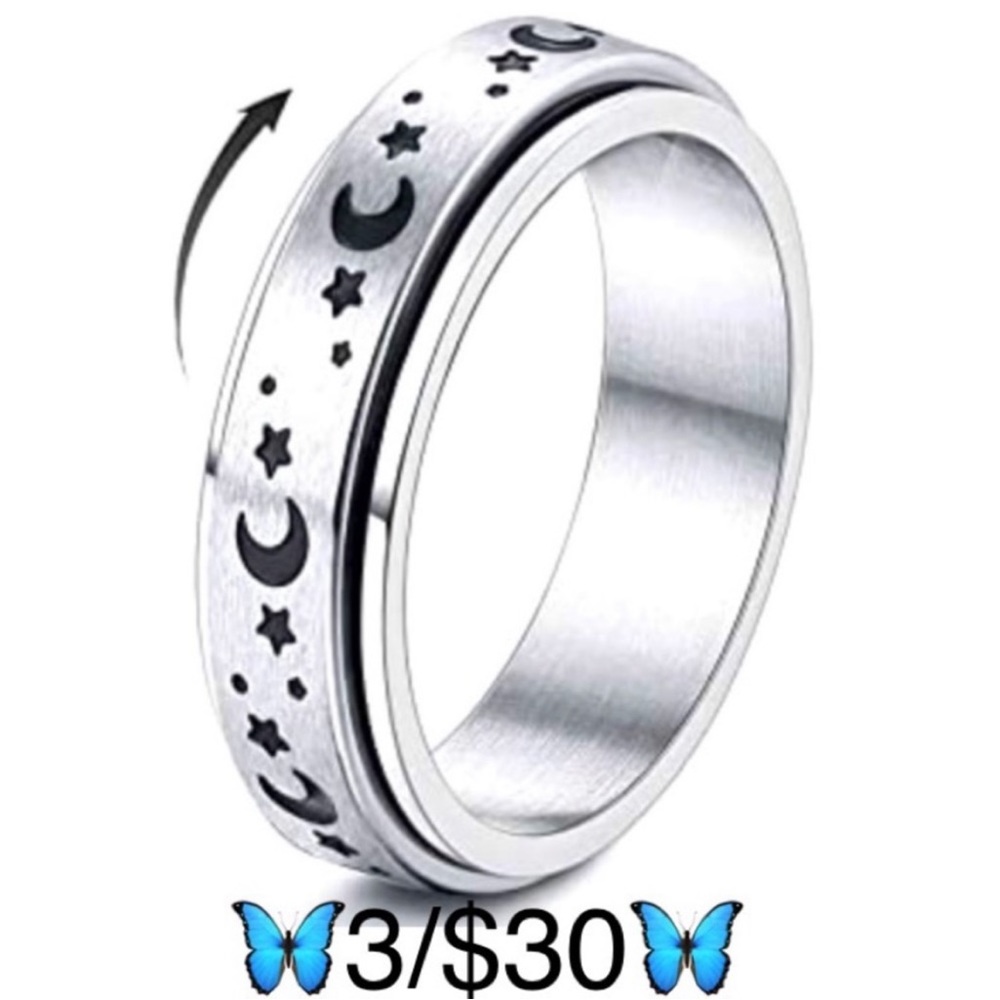 Stainless Steel Silver Tone Celestial Moon & Stars Fidget Spinner Ring, Size 7